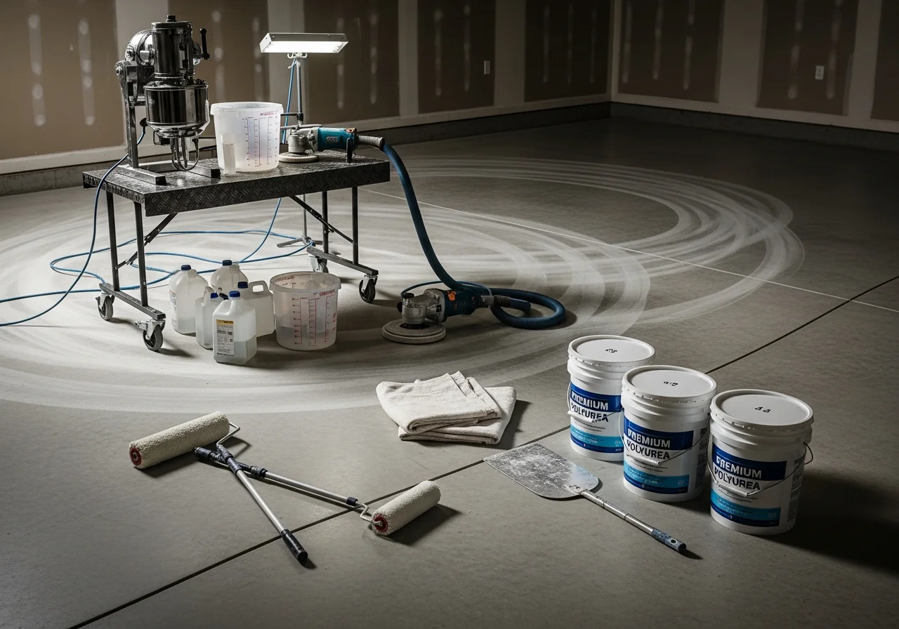 Concrete floor coating application in progress, showing preparation tools and coating equipment on a residential garage floor.