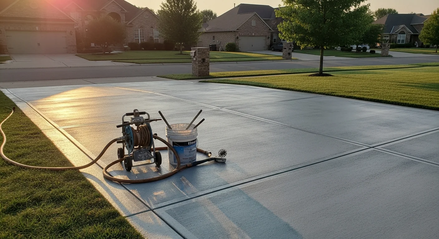 Professional concrete coating application on residential garage floor