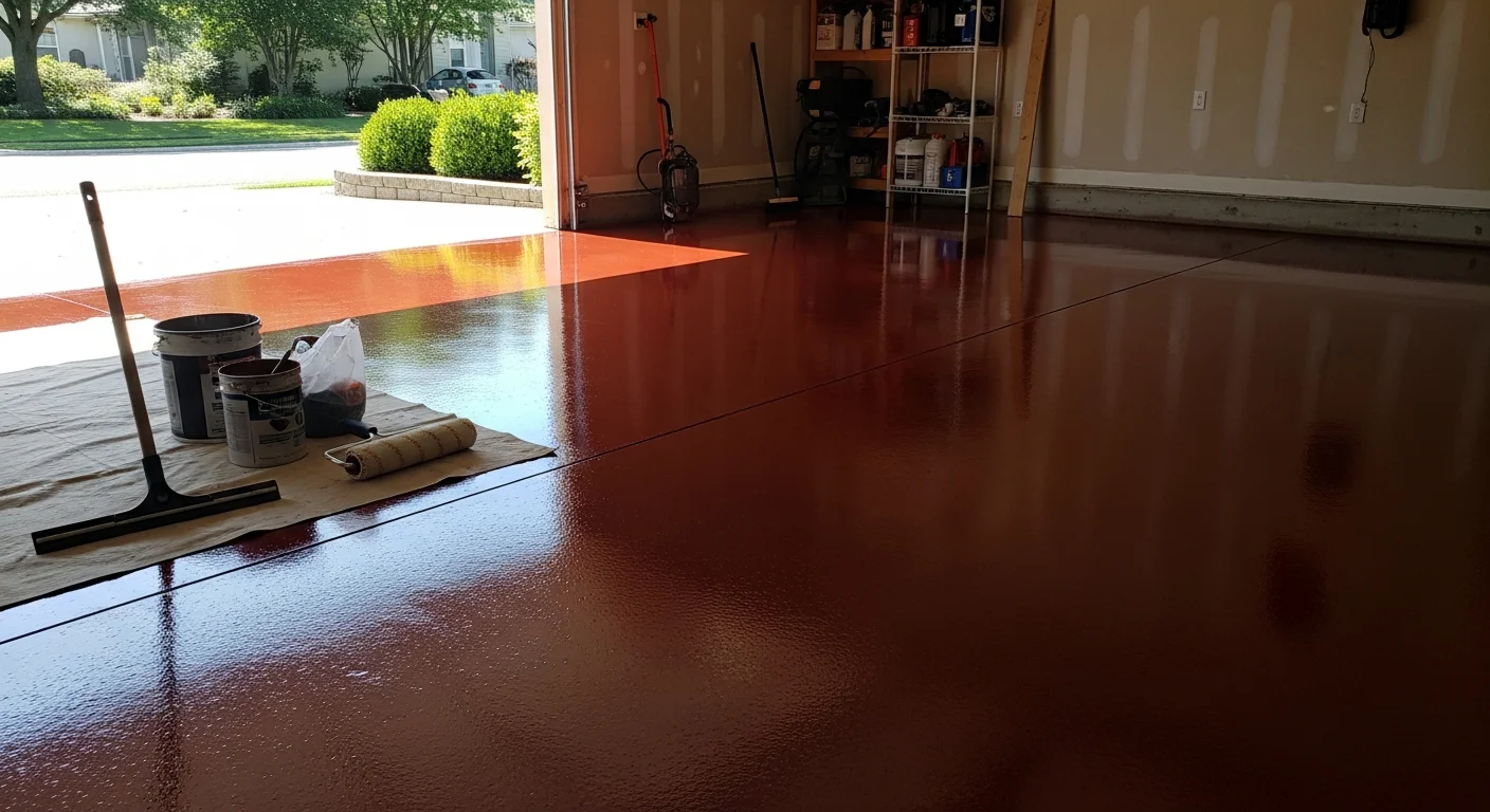 Finished garage floor with polyurea coating in neutral gray tone