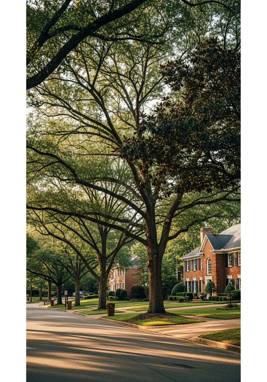 Close-up of a residential street in Birmingham with mature trees, brick homes, and well-maintained properties.