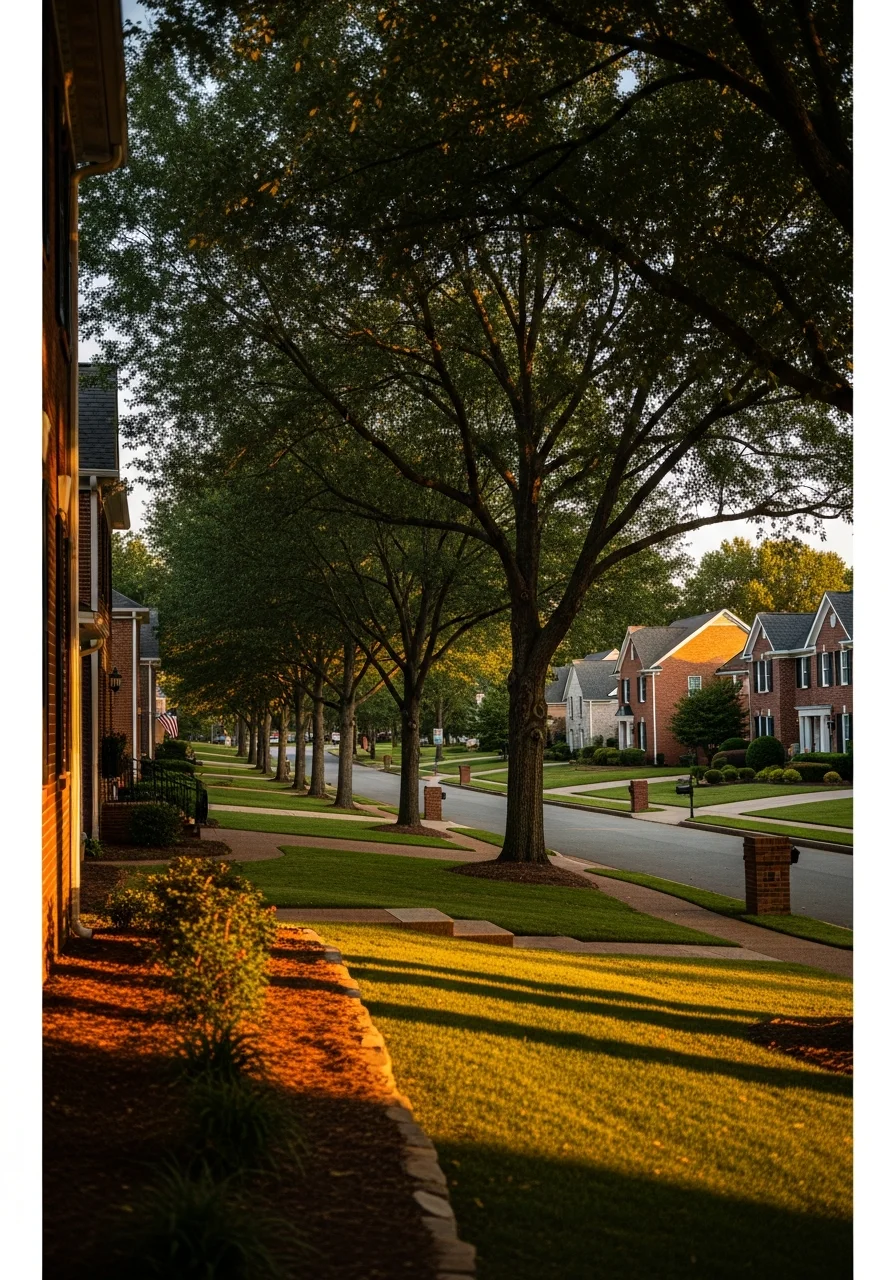 Street view of a modern Hoover residential neighborhood with brick homes, manicured lawns, and mature trees.