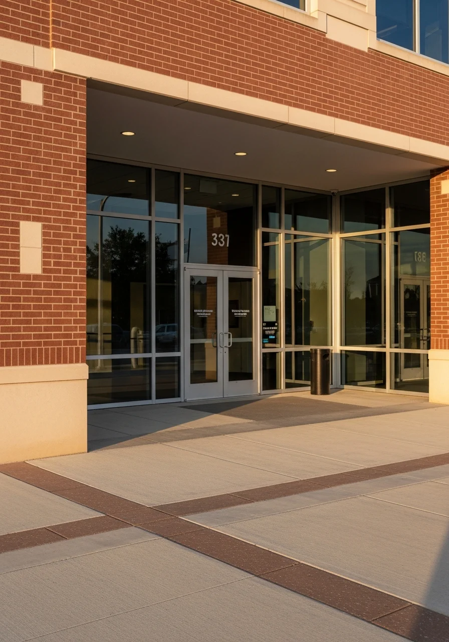 Close-up of a professional office building entrance in Montgomery with landscaping and architectural detail.