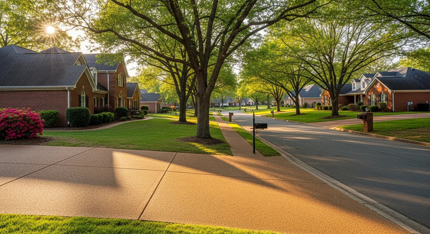 Wide view of a Pelham residential street with brick homes, mature landscaping, and clear suburban character.