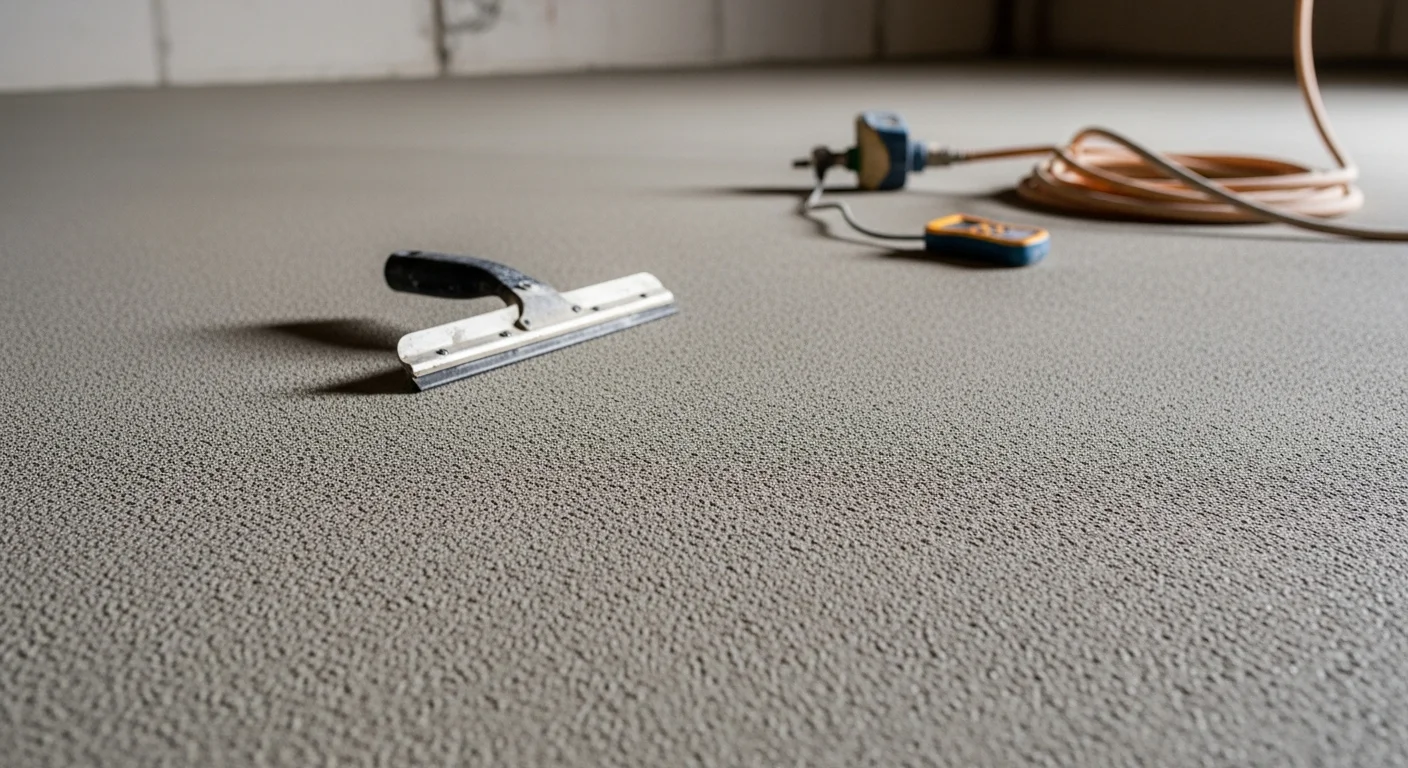 A freshly coated Pelham basement floor with a smooth, seamless finish under bright overhead lighting. The concrete surface shows a uniform, moisture-resistant coating applied by Floor Kandy Coatings in a commercial basement setting.