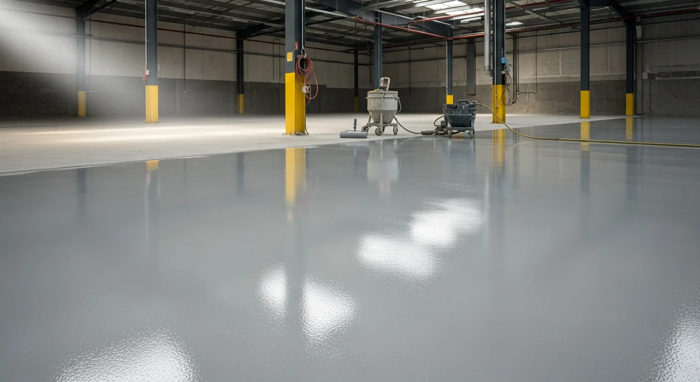 A seamless chemical-resistant floor coating applied to a Pelham commercial facility, showing a smooth, non-porous surface under industrial lighting. Heavy equipment and warehouse racking are visible in the background.