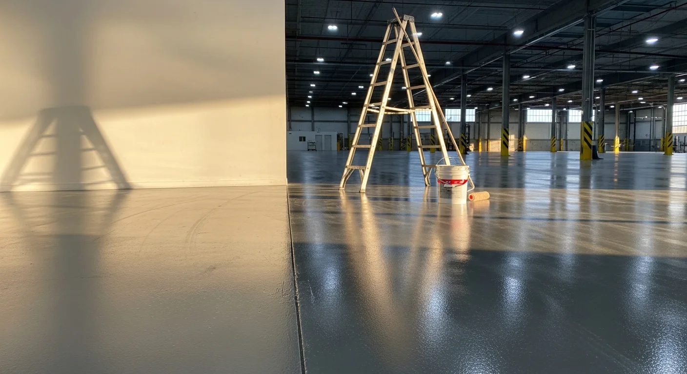A freshly coated commercial concrete floor inside a Pelham, AL warehouse, showing a smooth, high-gloss sealed surface under overhead industrial lighting. The seamless finish extends across a wide open floor area with no visible cracks or surface damage.