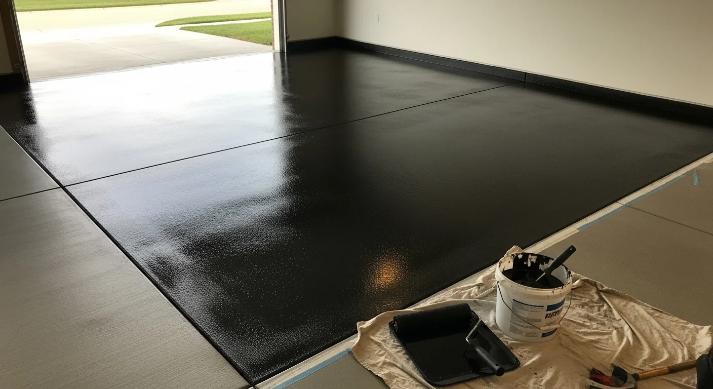 A freshly coated residential garage floor in Pelham, Alabama, showing a smooth, sealed surface with a decorative flake finish. The coating covers the full slab from wall to wall, with a clean edge along the garage door threshold.