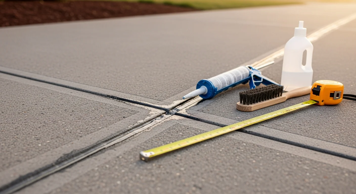 A Pelham garage floor concrete slab showing a repaired crack with a smooth, filled surface ready for coating. The repair runs along the center of the gray concrete floor inside a residential garage.