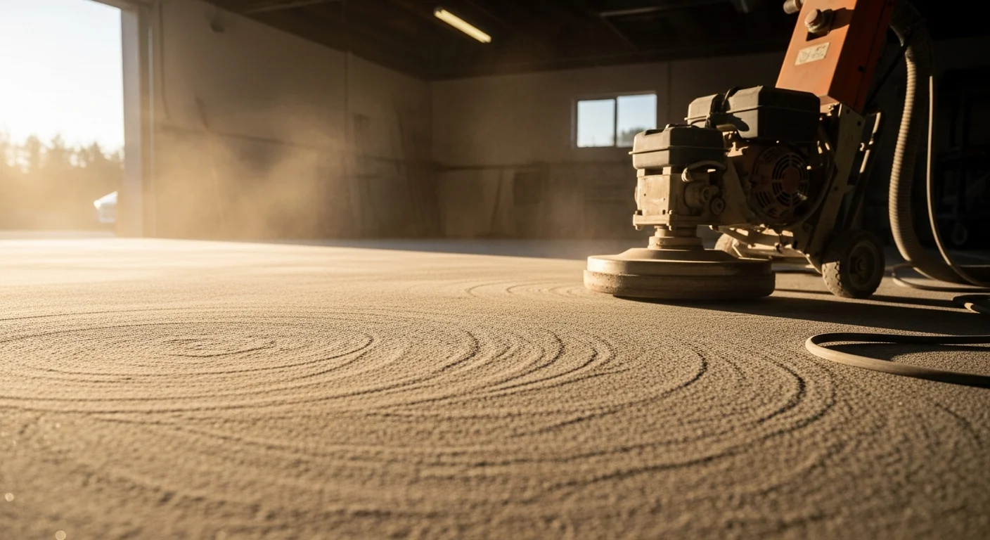 A Pelham concrete floor mid-grinding process, showing a diamond grinder removing an old coating layer to reveal clean, bare concrete beneath. The prepared slab surface shows a uniform gray profile ready for a new coating or finish.