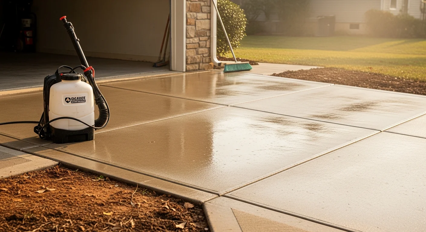 A freshly sealed residential concrete driveway in Pelham, AL showing a clean, uniform surface finish with no visible staining or weathering. The sealed slab reflects light evenly under Alabama's summer sun, with a well-maintained home exterior visible in the background.