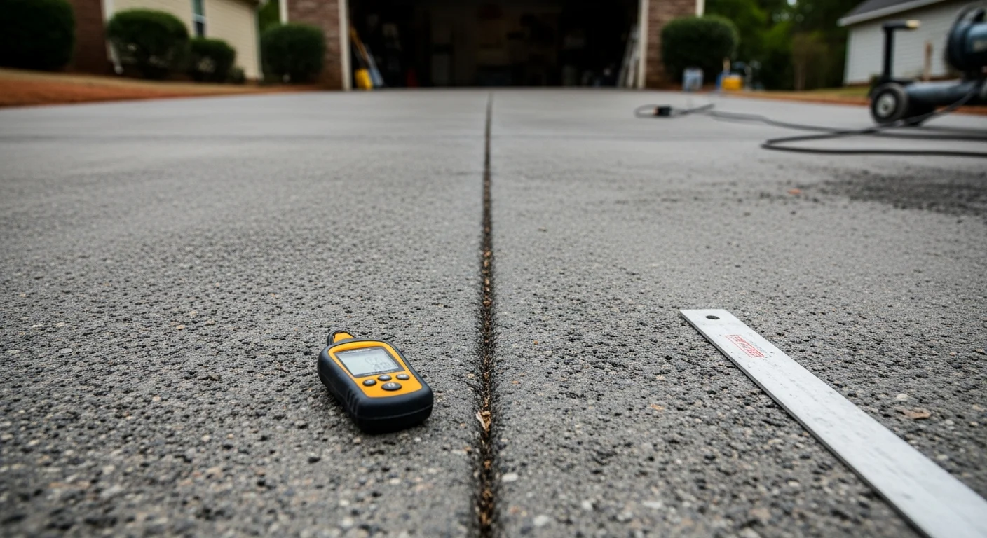 A freshly coated residential concrete driveway in Pelham, AL showing a clean, uniform finish with no staining or surface cracks. The coating reflects natural light and runs from the garage apron to the street edge.