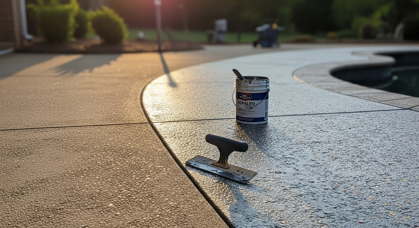 A Pelham residential patio with a freshly applied flake floor coating showing a multi-tone decorative flake blend sealed under a glossy topcoat. The outdoor concrete surface is smooth, even, and bordered by patio furniture and a backyard lawn.
