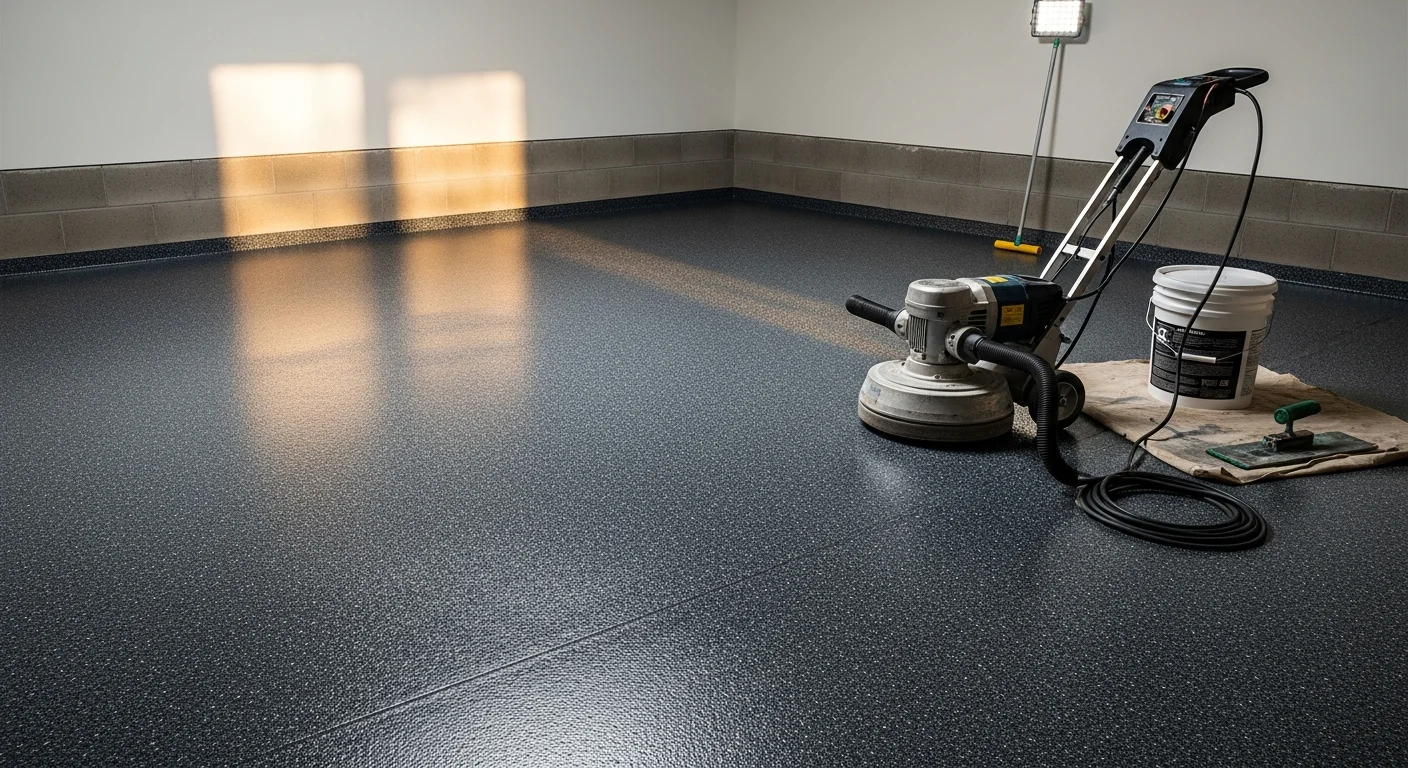 A freshly coated Pelham garage floor with a smooth, glossy finish showing no stains, cracks, or concrete dusting. A residential two-car garage with a clean, sealed surface ready for vehicle and foot traffic.