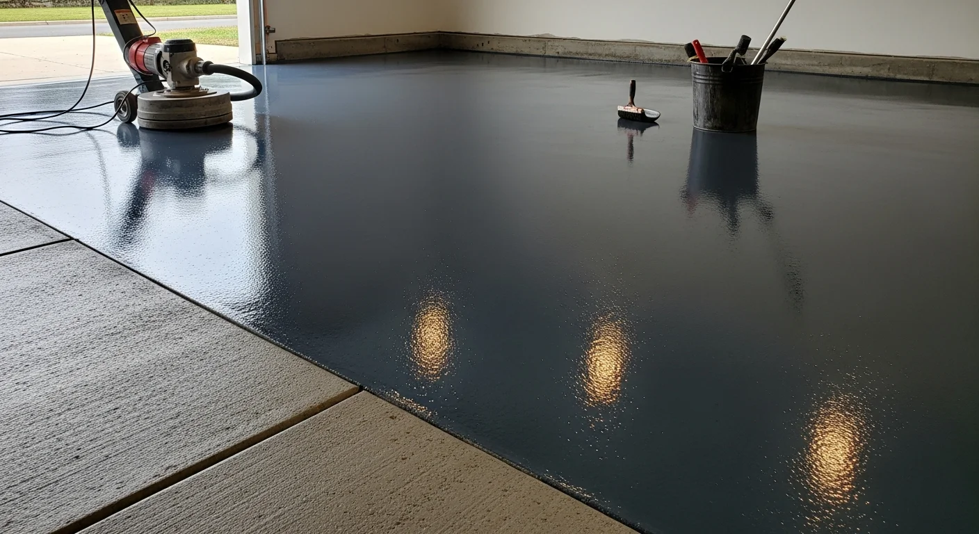 A freshly coated Pelham garage floor with a smooth, glossy epoxy finish in a neutral gray with decorative color flakes. The sealed concrete surface reflects overhead lighting inside a residential two-car garage.