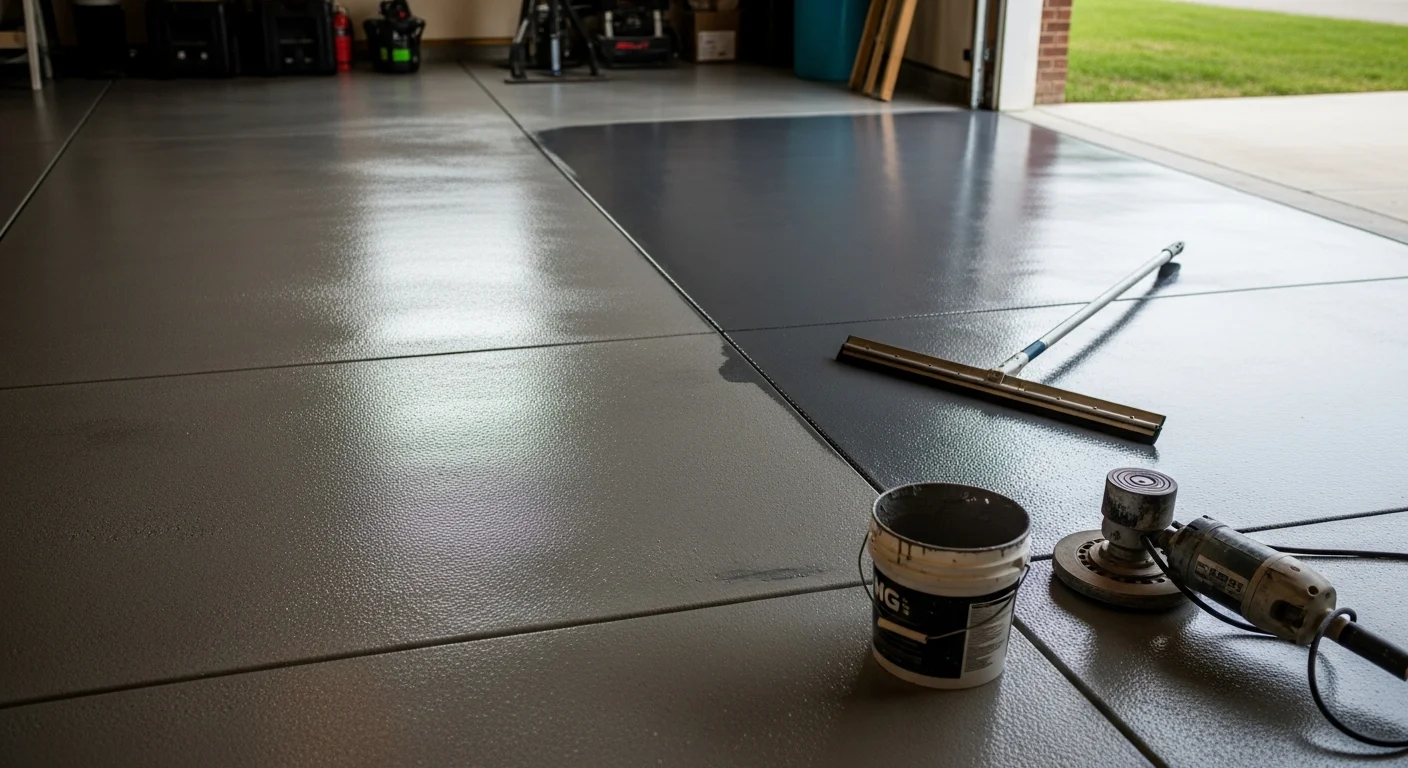 A freshly sealed residential garage floor in Pelham, Alabama, showing a clean, smooth concrete surface free of stains and surface dusting. The sealed slab reflects overhead lighting evenly, with a parked vehicle visible on the finished floor.