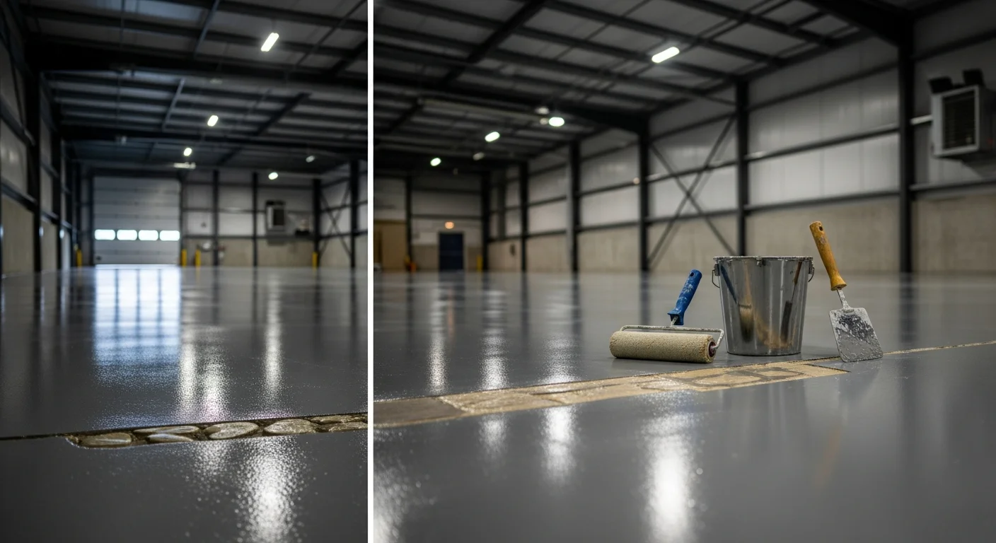 Freshly coated industrial concrete floor inside a Pelham warehouse facility, showing a smooth, high-gloss sealed surface under overhead lighting. Wide floor area reflects light evenly with no visible cracks or surface damage.