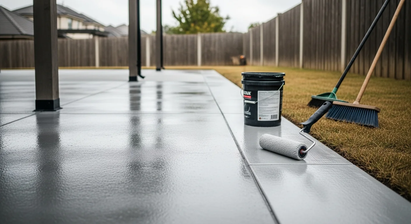 A freshly sealed concrete patio in Pelham, AL with a clean, even finish showing water beading on the surface. The outdoor space includes a visible patio area with no staining or surface wear after professional sealing by Floor Kandy Coatings.