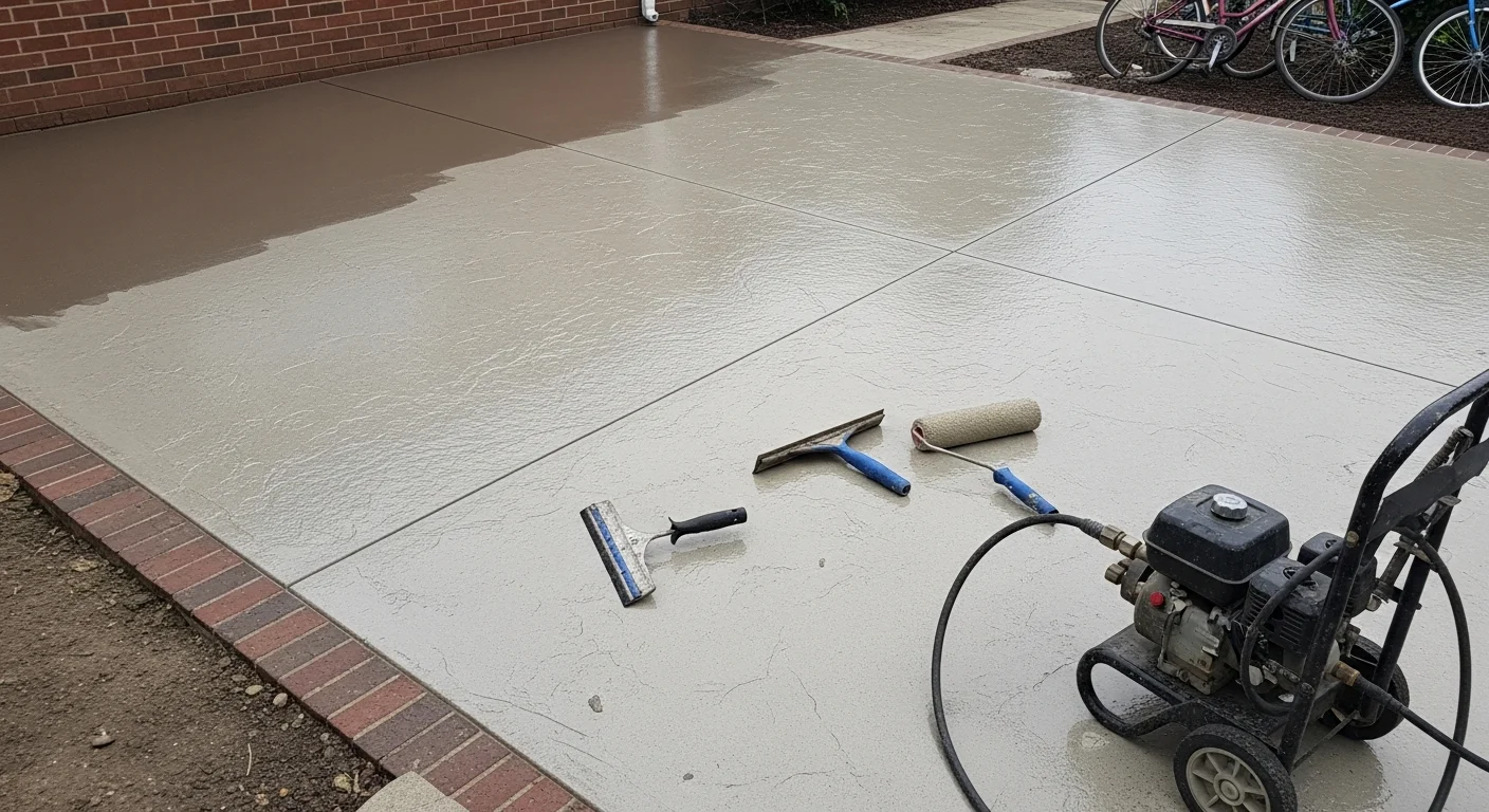 A freshly coated concrete patio at a Pelham residential property, showing a smooth, uniform surface finish with clean edges and no visible cracking or staining. The outdoor space is photographed in natural daylight, reflecting the kind of weather-ready surface Floor Kandy Coatings installs across Pelham.