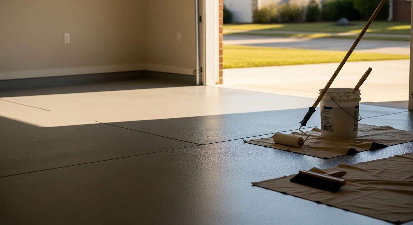 A Pelham garage floor finished with a polyaspartic coating by Floor Kandy Coatings, showing a smooth, glossy surface with decorative flake blend under overhead lighting. The sealed concrete floor is free of stains and cracks, with a vehicle parked on the finished surface.