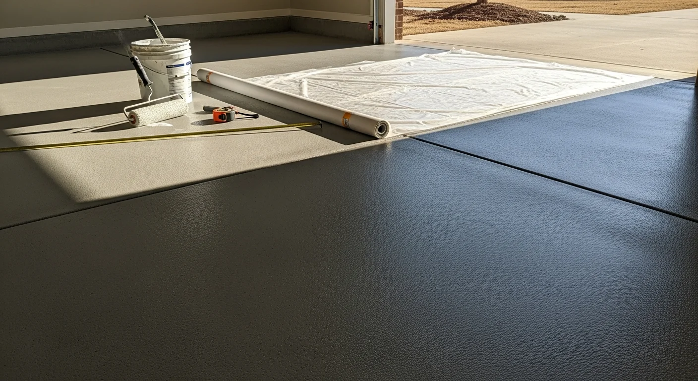 A Pelham garage floor after professional polyurea coating application, showing a smooth, high-gloss, seamless surface with decorative color flakes. The finished floor reflects overhead lighting and shows no cracks, stains, or bare concrete.