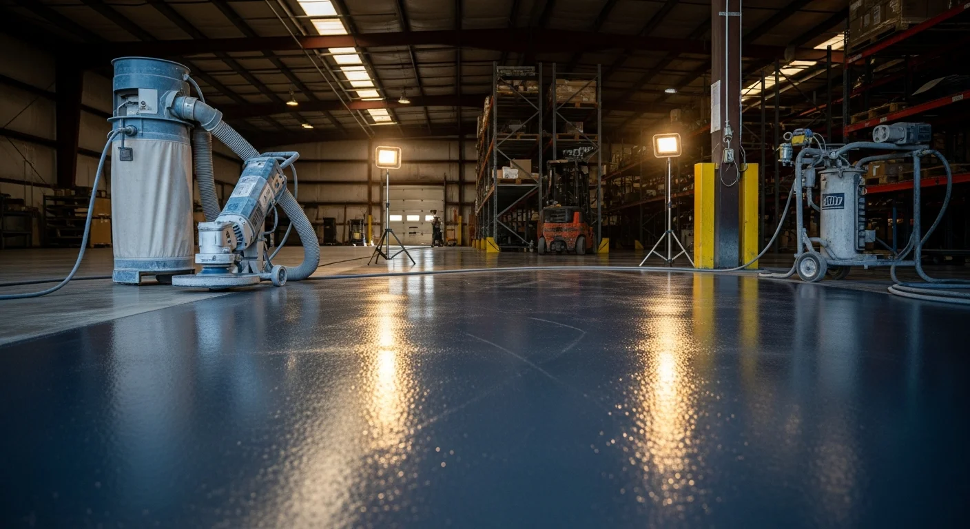 A freshly applied polyurea industrial coating covering a large concrete warehouse floor in Pelham, Alabama. The seamless gray surface reflects overhead lighting and shows no joints, cracks, or surface imperfections.