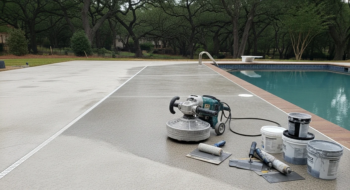 A freshly coated concrete pool deck surrounding a residential pool in Pelham, Alabama, showing a smooth, slip-resistant surface with an even finish. The deck reflects natural light and shows no visible cracks, staining, or surface wear.